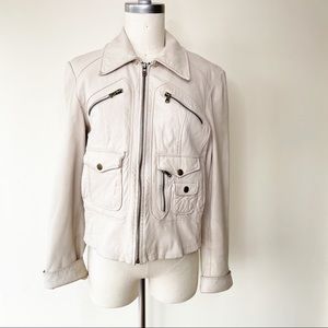 Guess Women’s Cream White Genuine Leather Jacket Size Large Zipper Detail